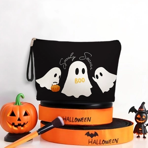 Trousse De Maquillage Halloween Fantôme Lin Toile Spooky Season Fermeture Éclair Pochette Cosmétique Organisateur Voyage