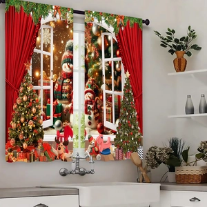 Detail view of polyester Christmas curtains featuring a festive snow scene and snowman
