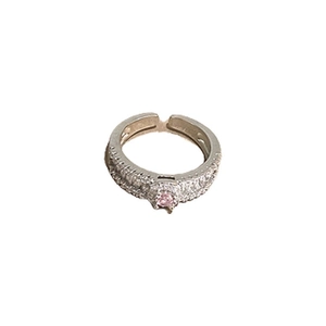 Minimalist silver geometric open ring with pink round gemstone and micro-pave setting