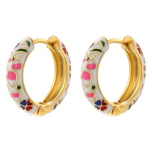 Colorful enamel hoop earrings with floral patterns in gold finish for women