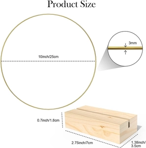 Detailed size chart of 10 inch gold metal floral hoop with wooden base for DIY wedding crafts