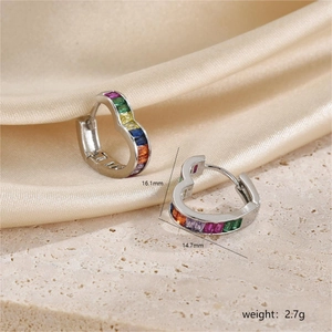 Detailed view of silver rainbow heart hoop earrings with size and weight dimensions