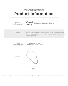 Detailed dimensions of zircon wheat necklace in copper with 6.2g weight and 42.1cm length