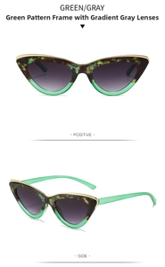Front and side view of cat-eye sunglasses with green tortoiseshell pattern and gold trim