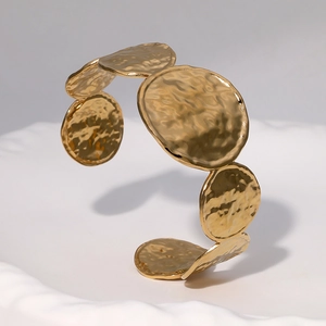 Classic 18k gold plated stainless steel open cuff bracelet with hammered texture finish