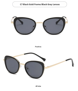 Macro view of cat-eye sunglasses with black gold frame and detailed metal temples