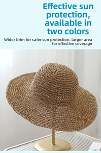 Close-up of tight weave detail on a light brown straw sun hat on a metal stand