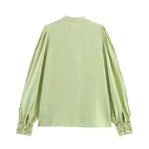 Light green long sleeve blouse with elegant lace patchwork and lantern sleeves back view