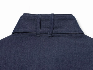 Macro view of dark blue denim bomber jacket collar with reinforced double strap loops