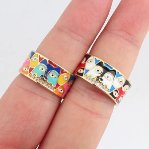 Abstract Face Pattern Enamel Ring Gold Plated Copper Colorful Zircon Open Adjustable Artistic Jewelry For Women