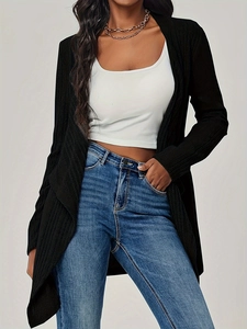 Cárdigan de punto acanalado negro para mujer con manga larga y estilo urbano elegante