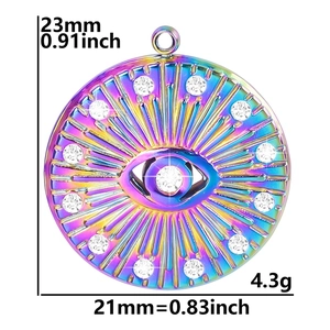 Detail view showing dimensions of a 23mm golden stainless steel evil eye pendant necklace