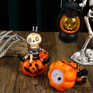 Luminous Halloween skeleton figurine with colorful LED pumpkin lamp for party decor