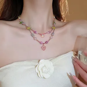 Colorful glass flower beaded double-layer necklace with sweet teardrop charm