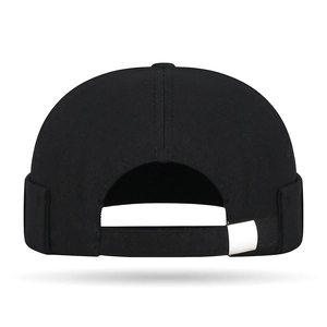 Classic black cotton docker hat with adjustable back strap and white fabric label detail