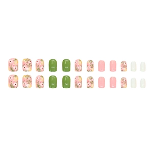 Floral oil painting style press-on nail kit with pink green flower designs on 24 tips