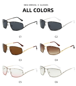Selection of metal square cat eye sunglasses in multiple colors with rivet details