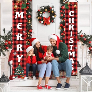 Detailed Christmas porch banners with red buffalo plaid pattern and festive decorations