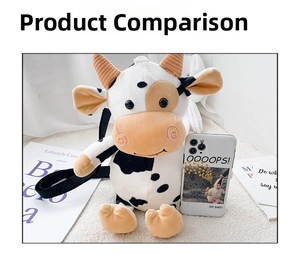 Size comparison of a plush cow crossbody bag with mobile phone and stationery items