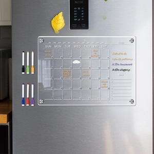 Detail of transparent acrylic magnetic monthly calendar with six colored dry erase markers
