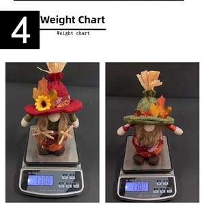 Weight chart showing two autumn gnome dolls on a digital scale for size reference