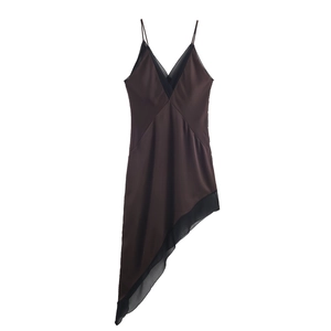 Sexy satin slip dress with lace patchwork and asymmetric hem in deep brown and black