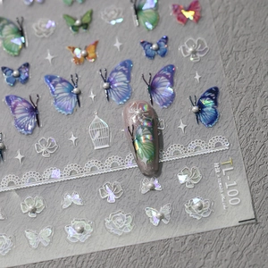 3D bow butterfly nail art stickers TL-100 with laser finish and tiny pearl accents