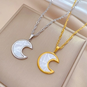 Titanium steel moon pendant necklace with shell inlay in gold and silver finishes