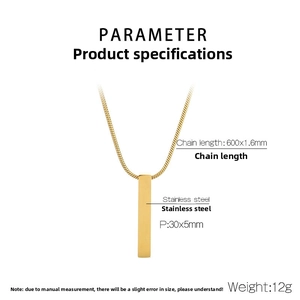 Detail view of 30x5mm gold stainless steel bar pendant on 600mm snake chain necklace