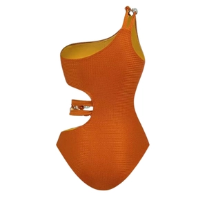 Detail view of one-shoulder swimsuit with beaded cut-out and textured orange fabric