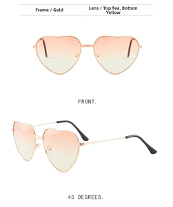 Front and 45-degree views of vintage heart-shaped metal sunglasses with gradient lenses