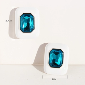 Blue zircon square earrings with white enamel rectangular frame 2.7cm size