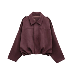 Burgundy faux suede bomber jacket with turn-down collar and ribbed hem on white background