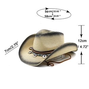 Detailed size chart for the straw cowboy hat showing brim width and crown height