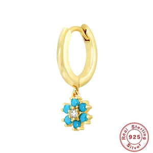 S925 sterling silver hoop earrings with blue petal flower pendant and clear zircon