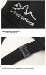 Detailed view of YU XIANG OUTDOOR embroidery and adjustable buckle on black mesh sun hat