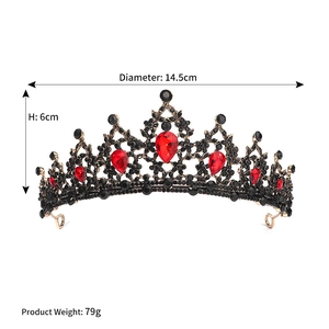 Detail view of black tiara with red rhinestones showing dimensions 14.5cm and 6cm