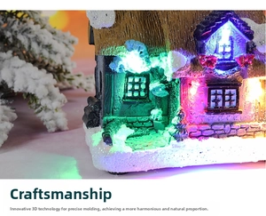 Detail of Christmas resin house showing realistic 3D stone texture and warm LED lights