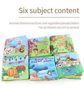 Set of six colorful educational baby cloth books with animal and alphabet themes