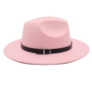 Detail view of a pink woolen fedora hat featuring a black belt buckle accent band