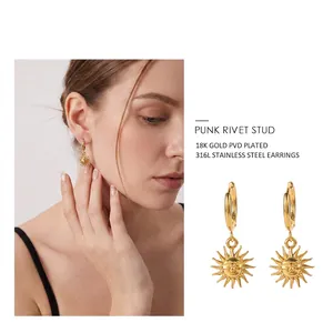 French vintage 18k gold plated stainless steel sun pendant hoop earrings for women