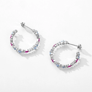 Elegant S925 sterling silver C-shaped hoop earrings with pink and blue stones