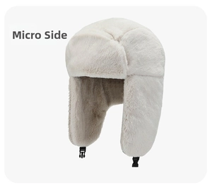 Micro side view of warm plush winter trapper hat with soft faux fur and adjustable buckle