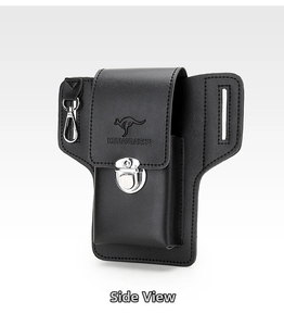 Detail of leather phone belt pouch with metal buckle and integrated key hook