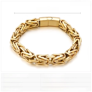 Detailed close-up of golden Byzantine weave stainless steel bracelet for men
