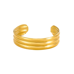 Elegant gold titanium steel open bangle with three-layered horizontal textured relief design