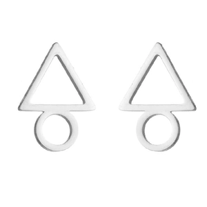 Detail view of silver geometric stud earrings featuring hollow triangle and circle shapes