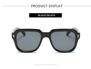 Front view of vintage square frame sunglasses in black with metal temple accents
