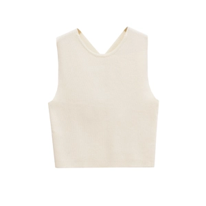 Chic cream ribbed knit sleeveless top with a round neck and back slit design
