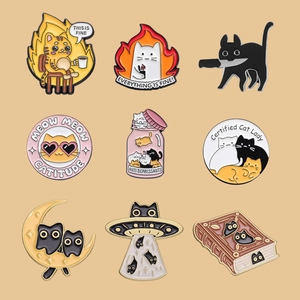 Set of 9 funny cat enamel pins featuring quirky feline designs and pop culture memes